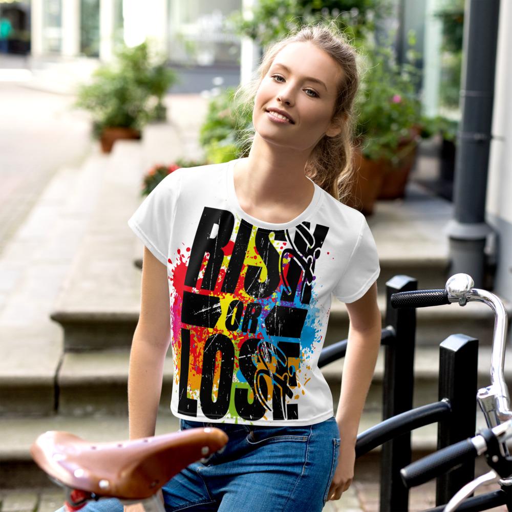 Risk it or Loose it splashed All-Over Print Crop Tee - MaxGrace Apparel